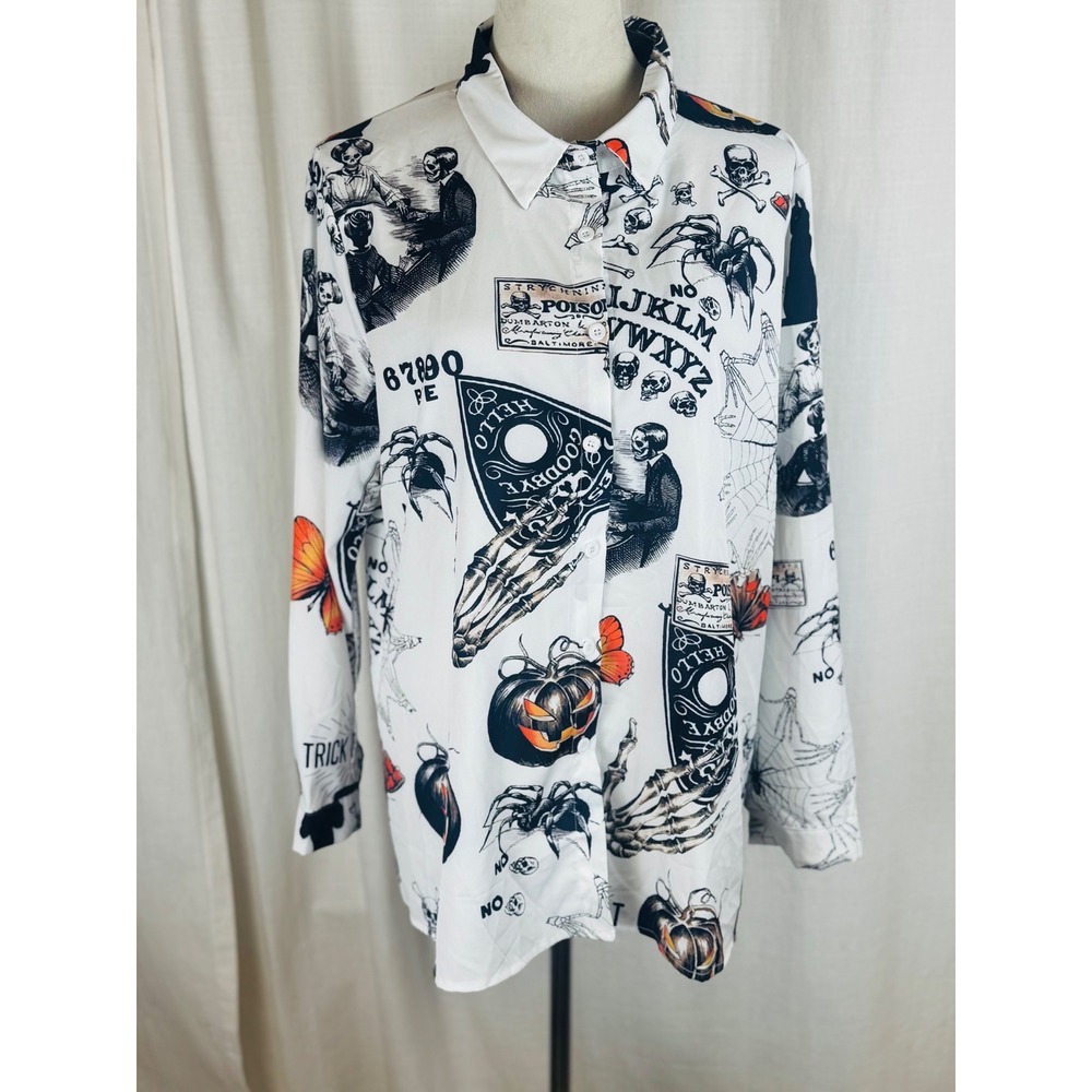 Unbranded Button Down Occult Halloween Print White Shirt Womens 1XL